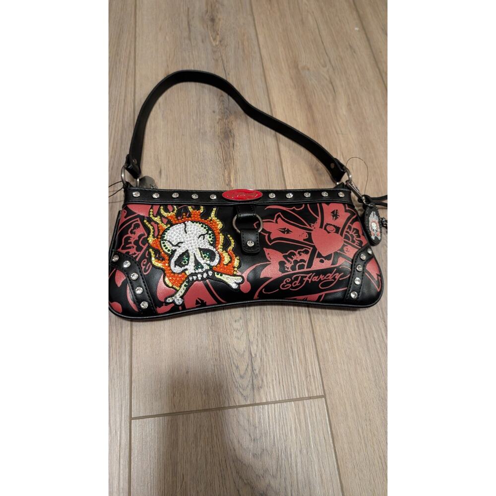 Ed Hardy Y2K Skull Shoulder Bag Black Red Tattoo Baguette Purse With Charms $70